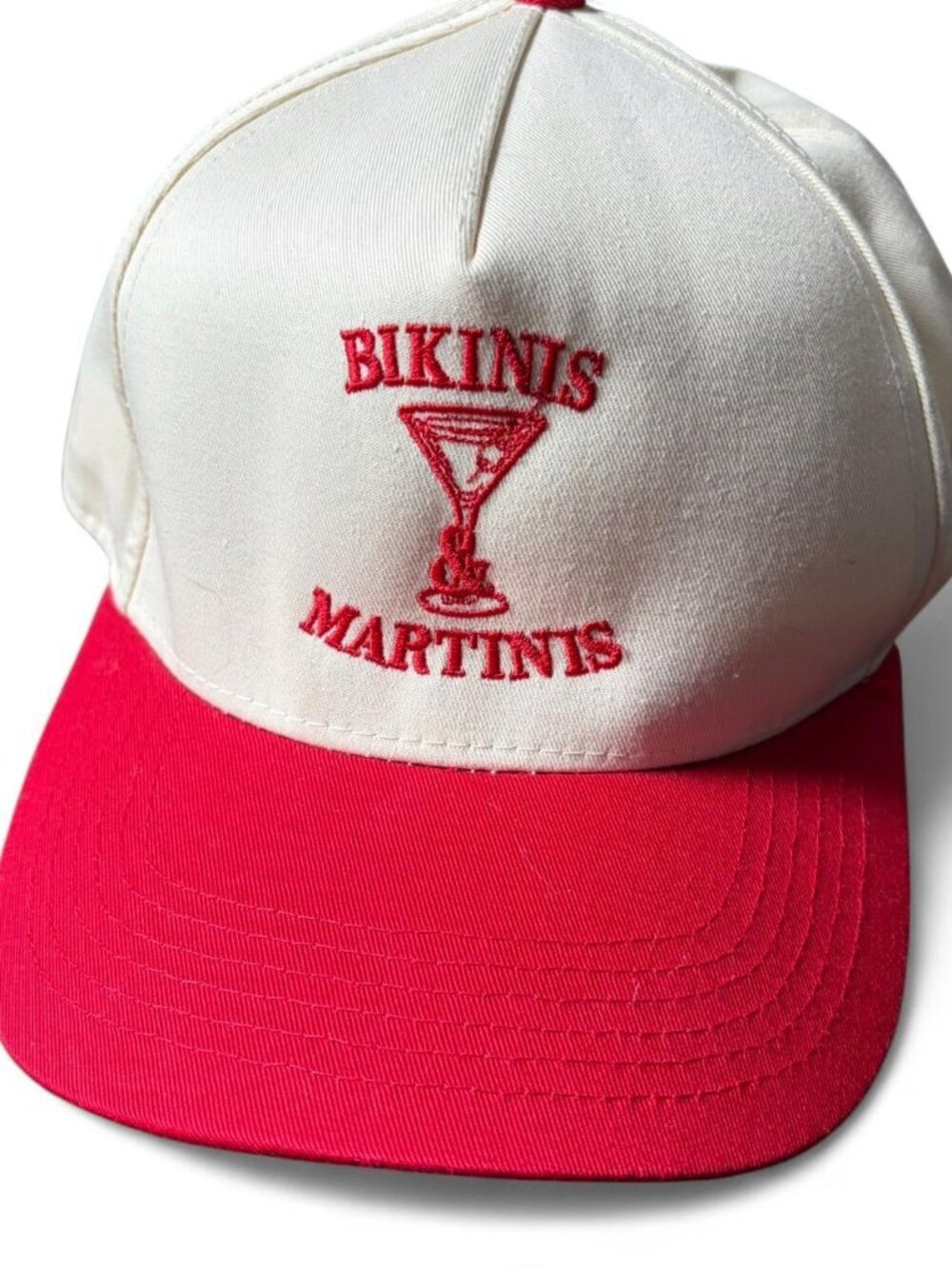 Bikinis and Martinis red and cream baseball cap with red embroidered martini gla